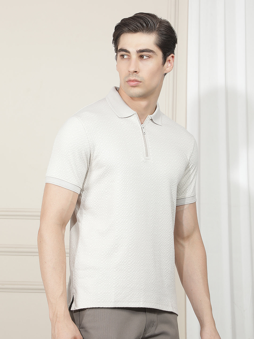 LIGHT BEIGE SELF-DESIGN POLO T-SHIRT