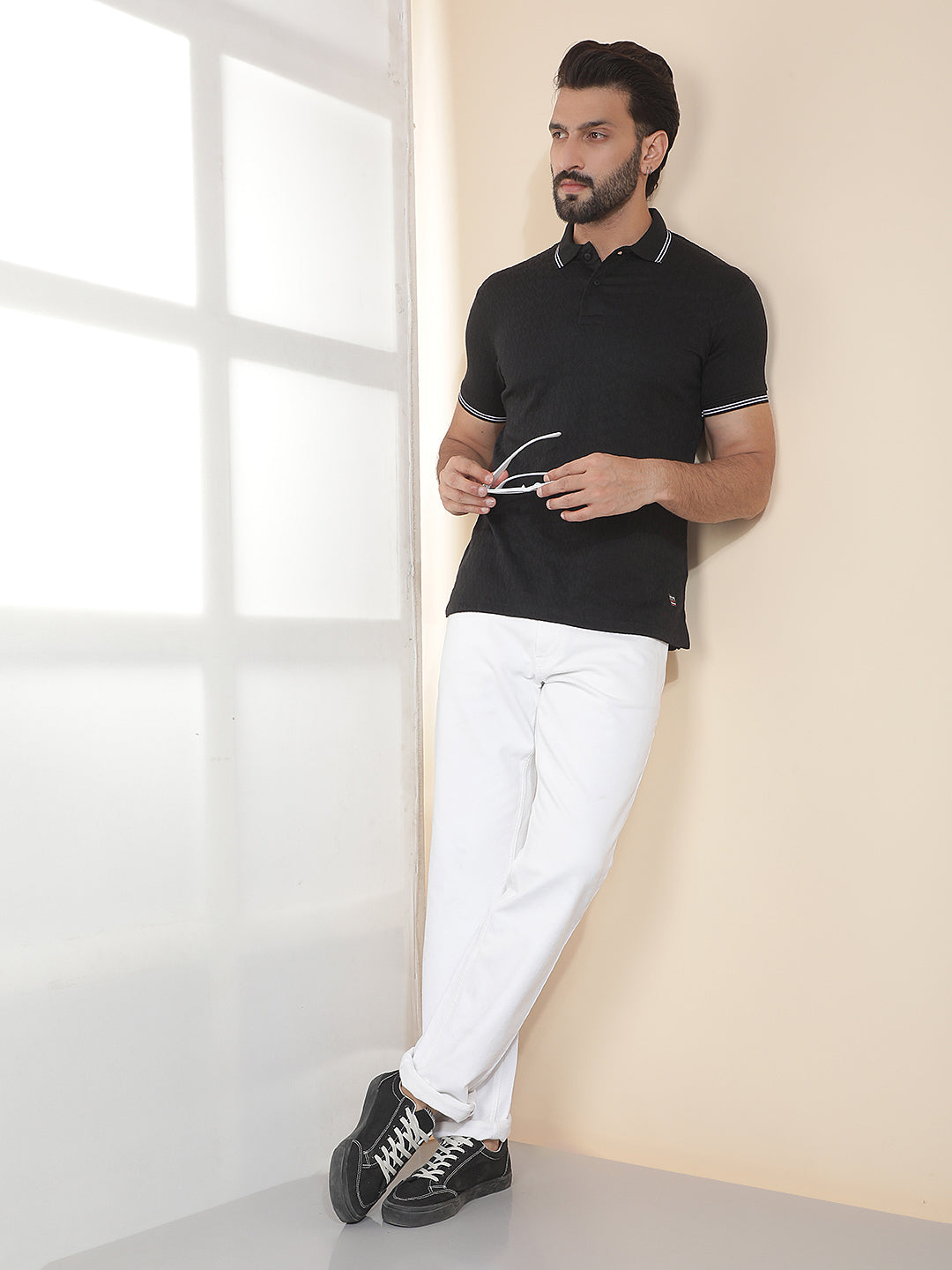 COBB BLACK SOLID POLO NECK T-SHIRT