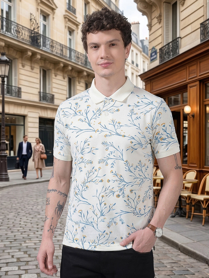 cobb cream printed polo neck t-shirt