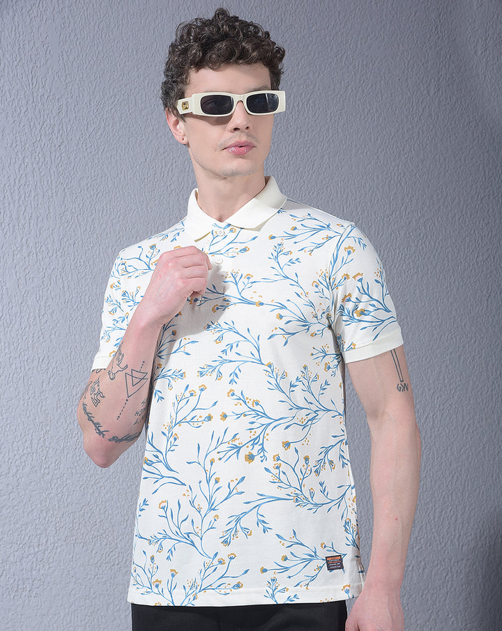 cobb cream printed polo neck t-shirt