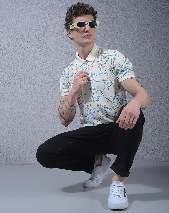COBB CREAM PRINTED POLO NECK T-SHIRT