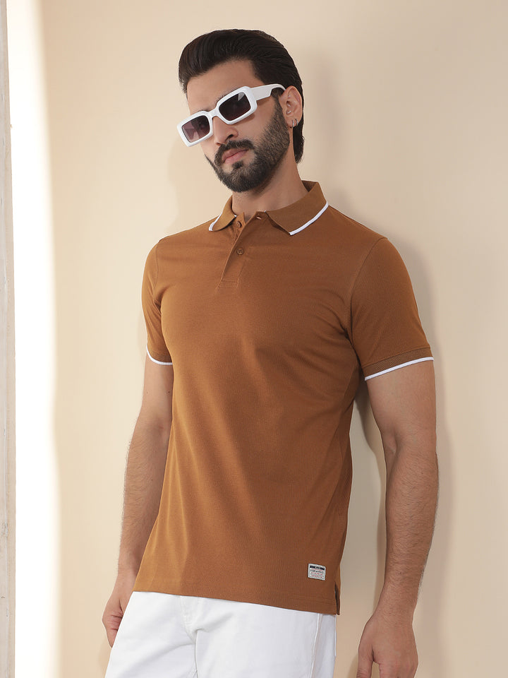 cobb tan solid polo neck t-shirt