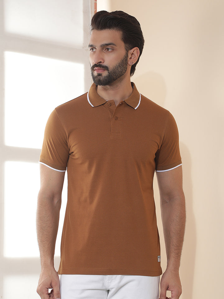 cobb tan solid polo neck t-shirt