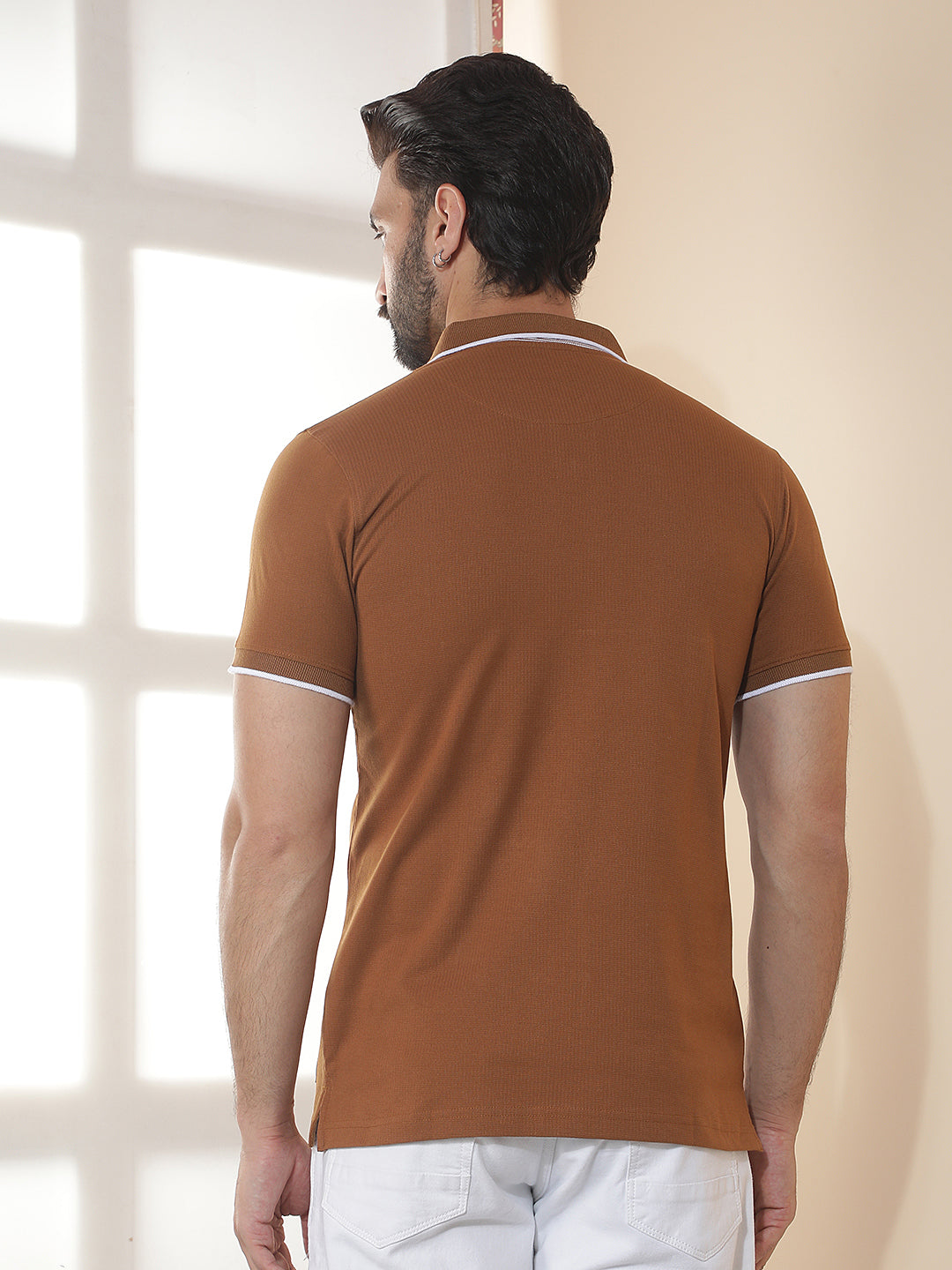 cobb tan solid polo neck t-shirt