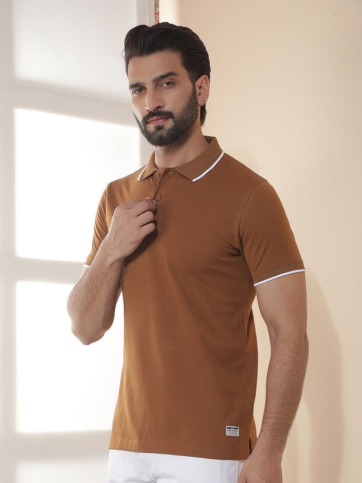 cobb tan solid polo neck t-shirt