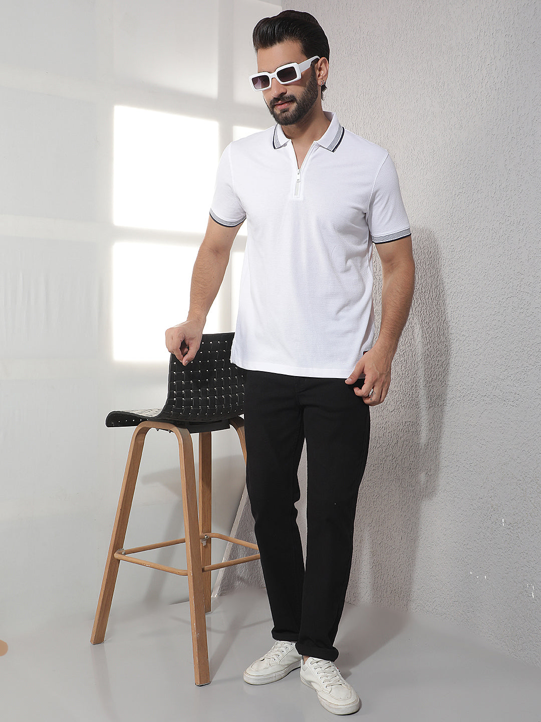 COBB WHITE SOLID POLO NECK T-SHIRT