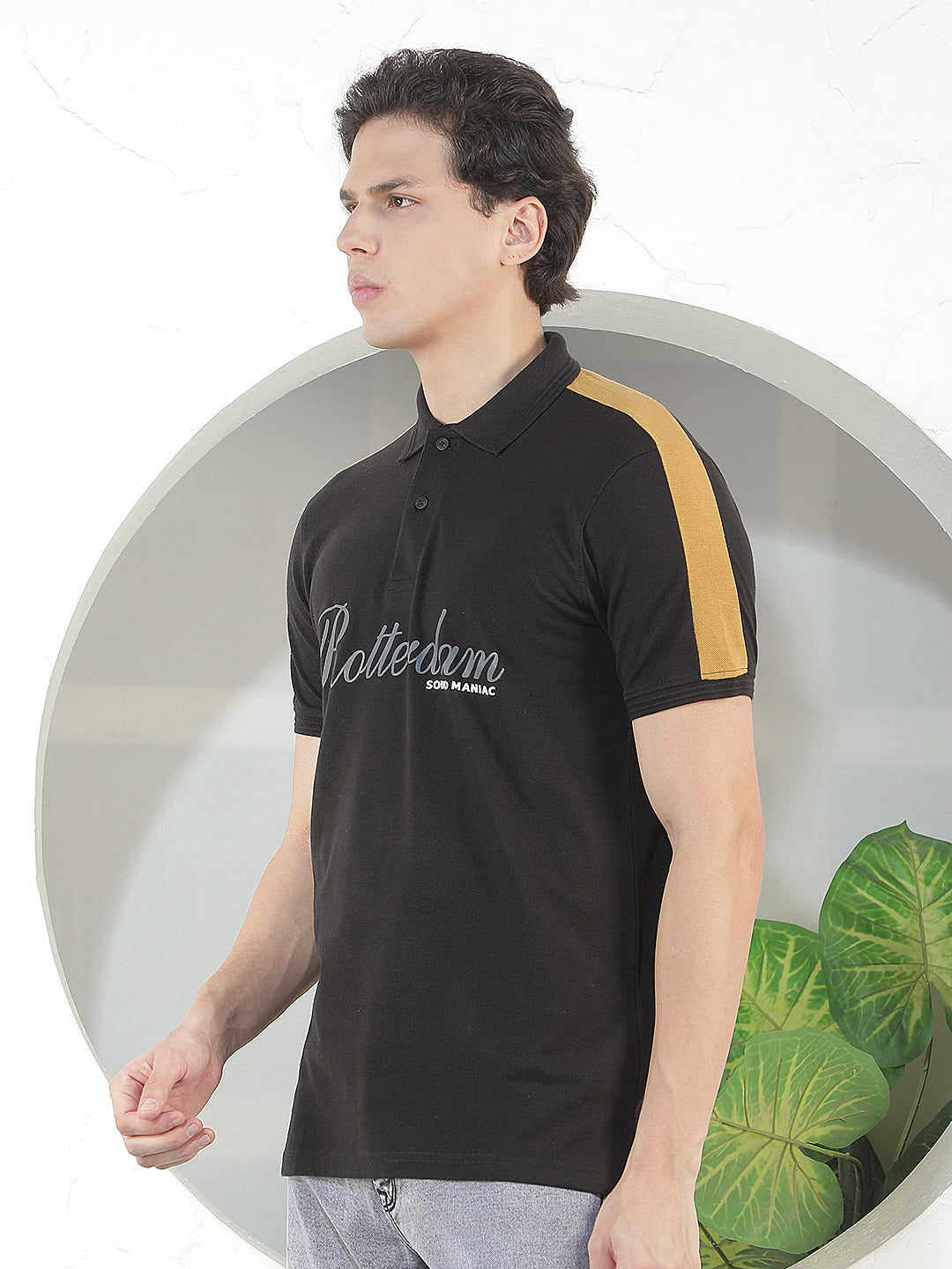 BLACK PRINTED POLO T-SHIRT