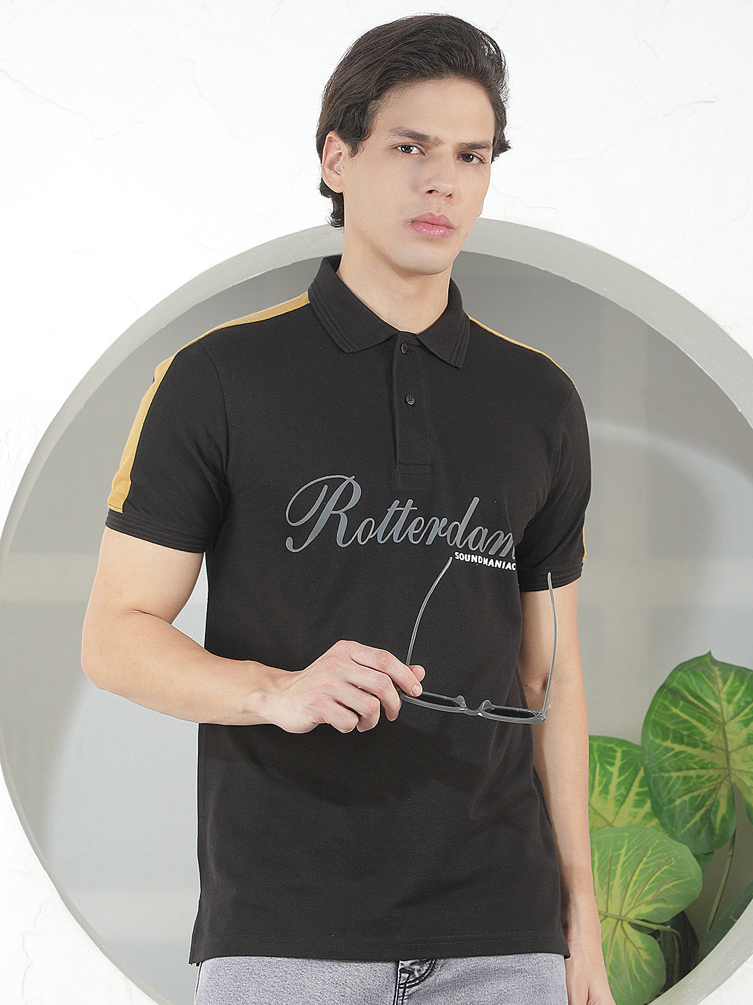 BLACK PRINTED POLO T-SHIRT