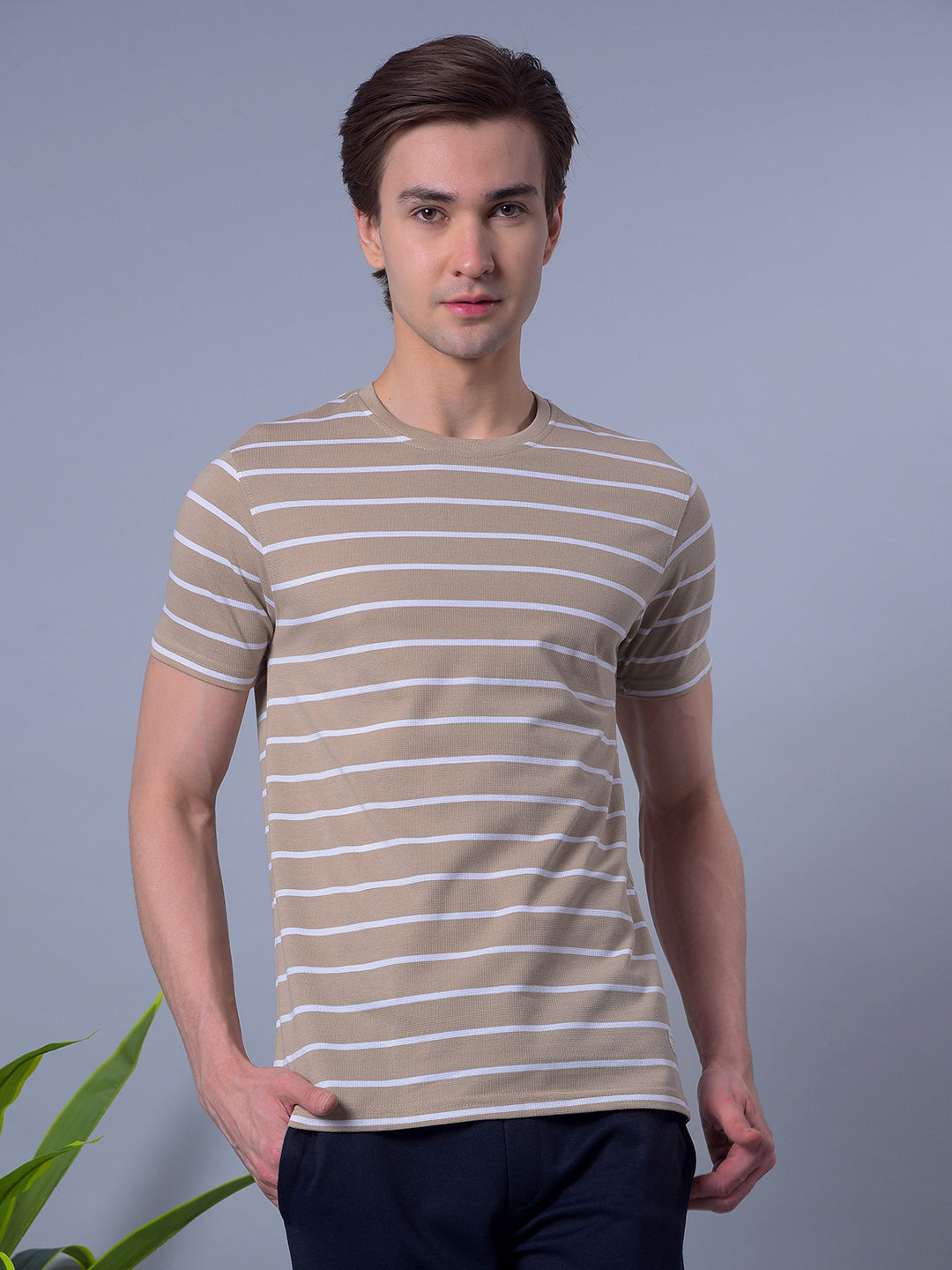 cobb beige striped round neck t-shirt