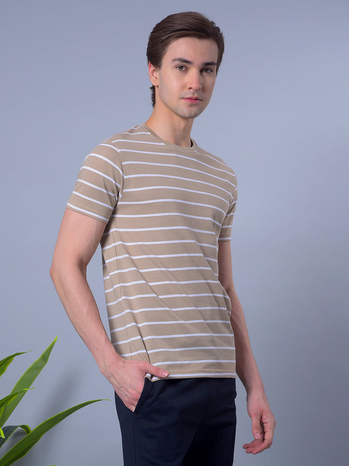 COBB BEIGE STRIPED ROUND NECK T-SHIRT