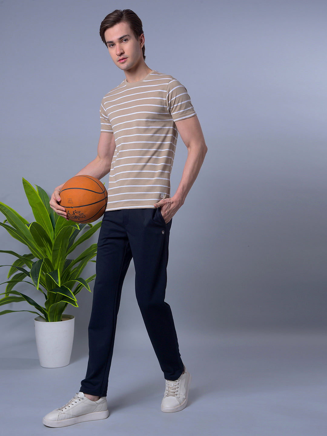 COBB BEIGE STRIPED ROUND NECK T-SHIRT