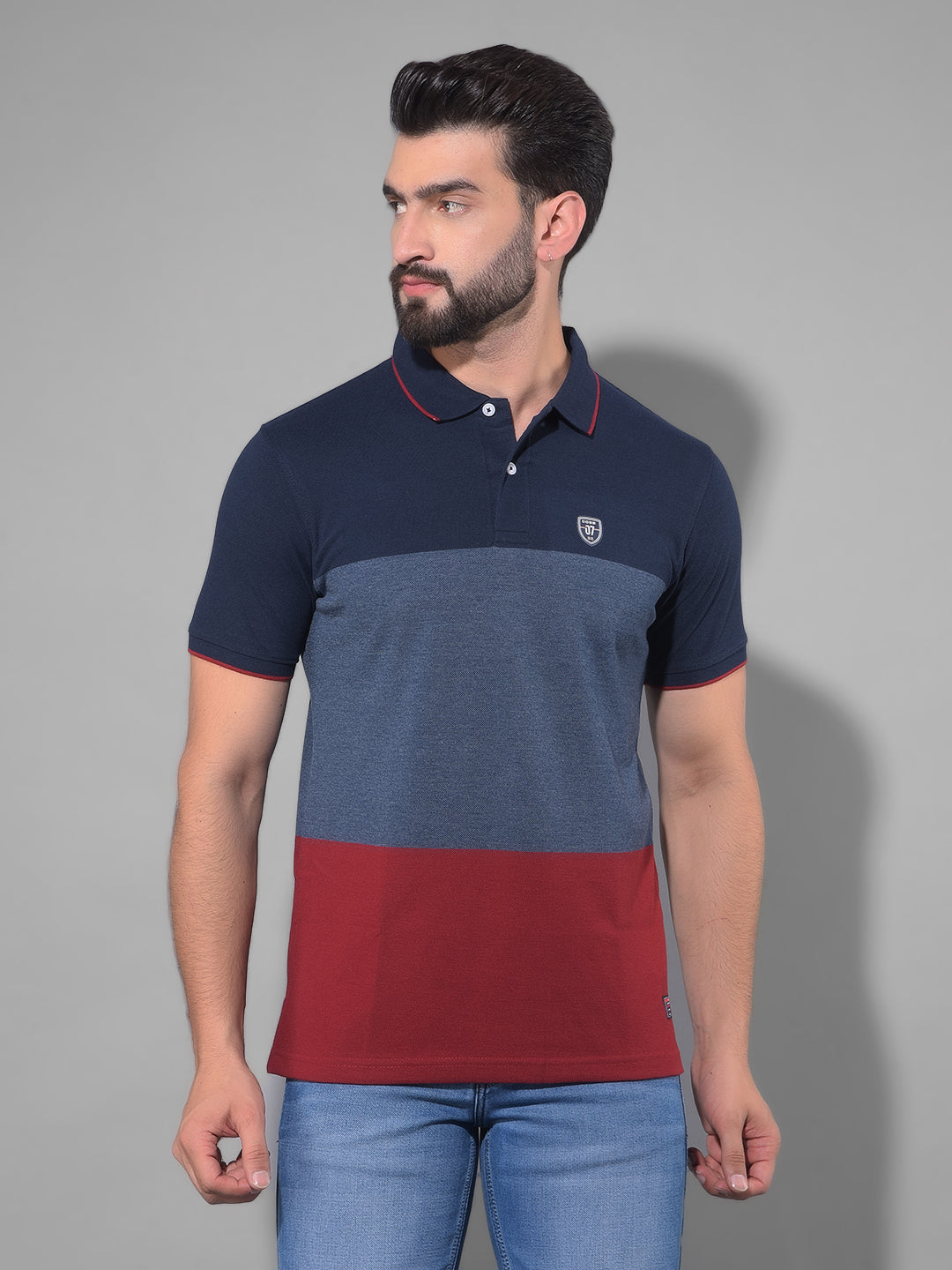 cobb navy blue colour block polo neck t-shirt