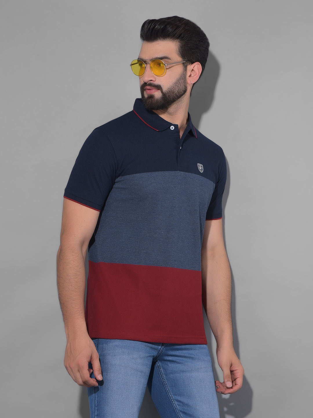 COBB NAVY BLUE COLOUR BLOCK POLO NECK T-SHIRT