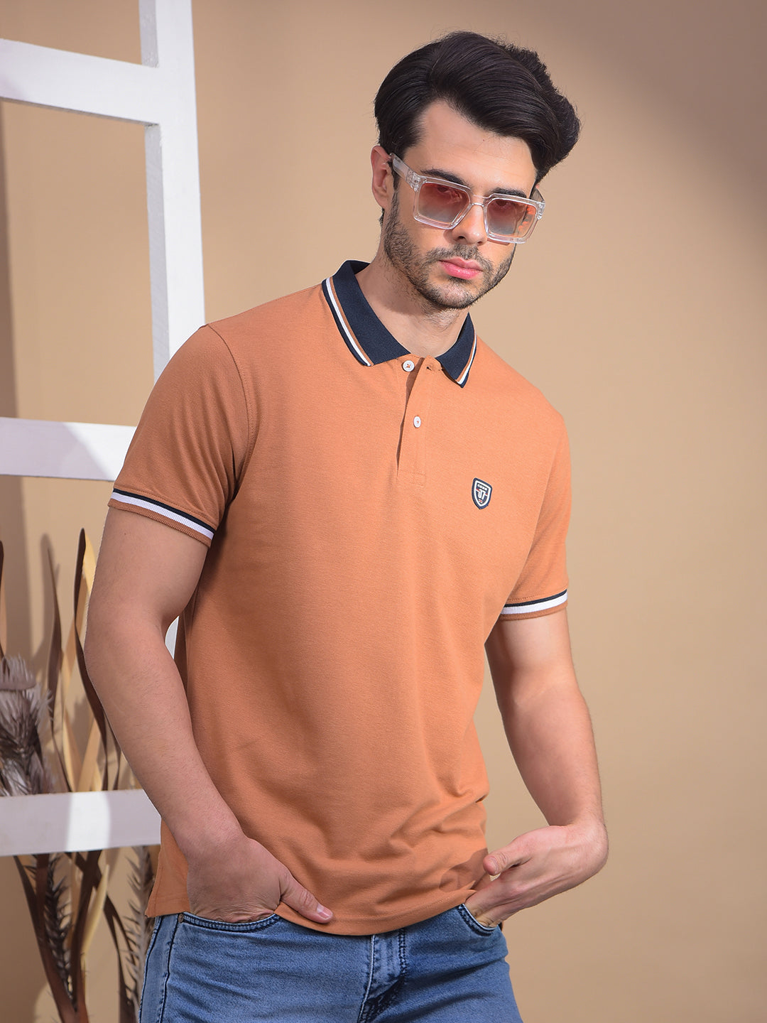 cobb solid light brown polo neck t-shirt