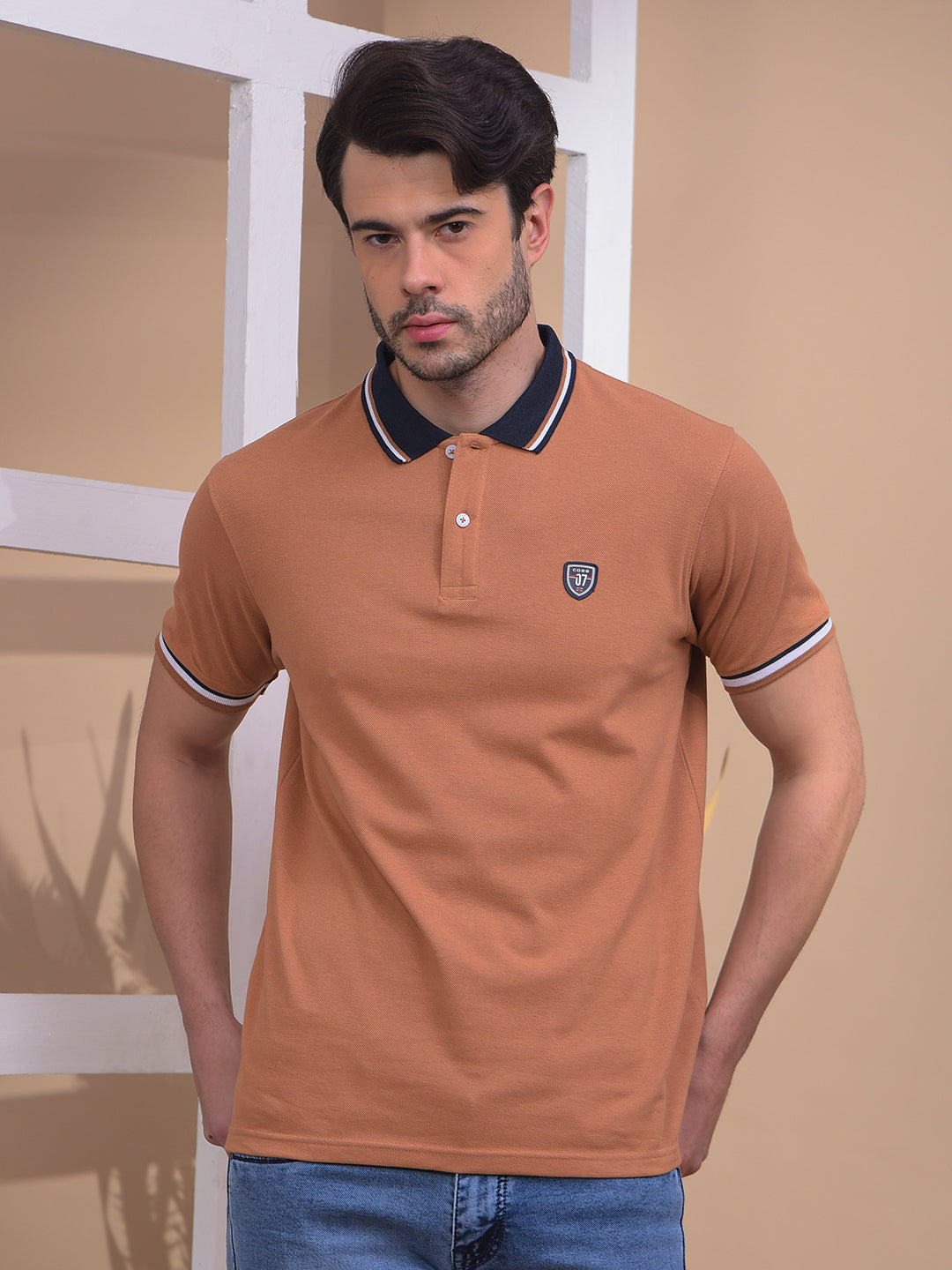 cobb solid light brown polo neck t-shirt