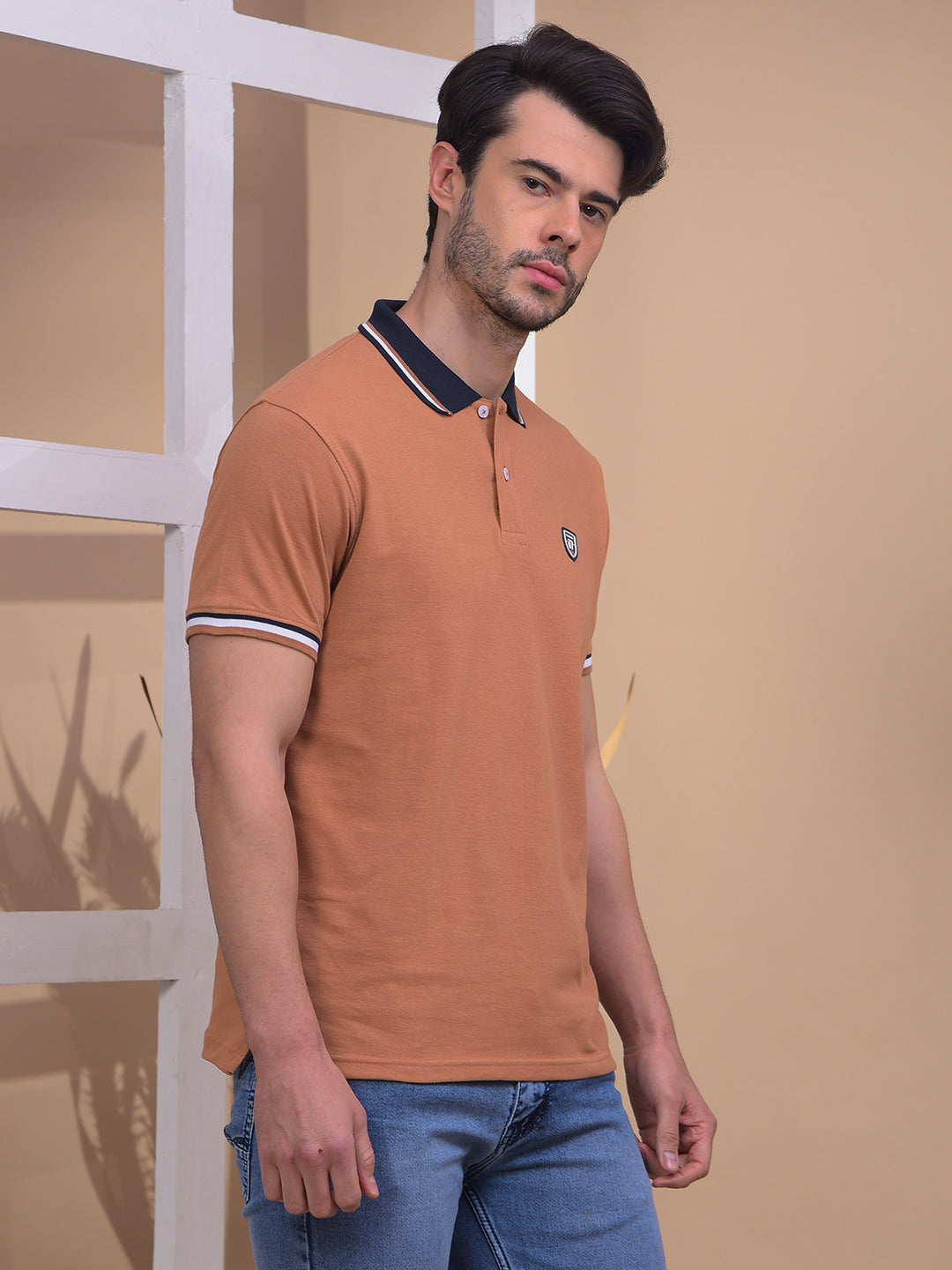 COBB SOLID LIGHT BROWN POLO NECK T-SHIRT