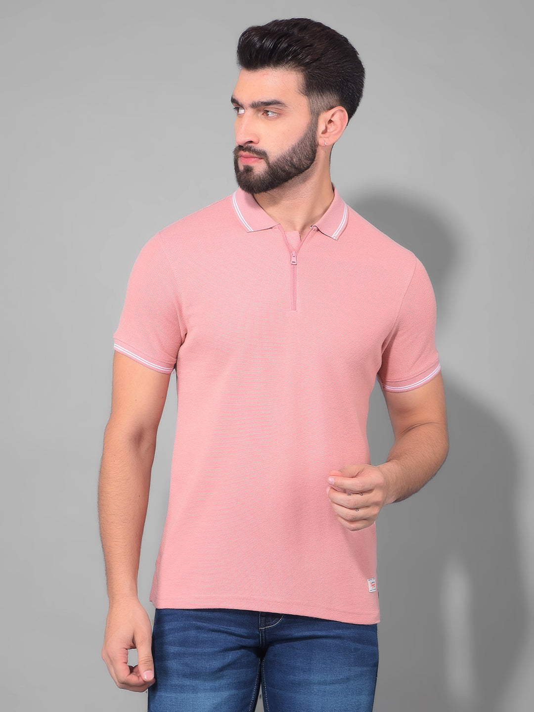 cobb solid dusty coral zipper polo neck t-shirt