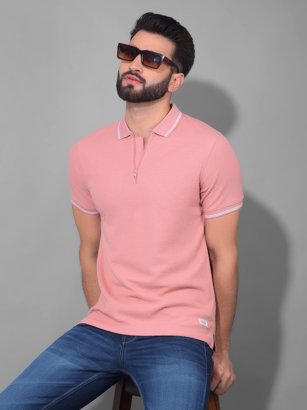 COBB SOLID DUSTY CORAL ZIPPER POLO NECK T-SHIRT