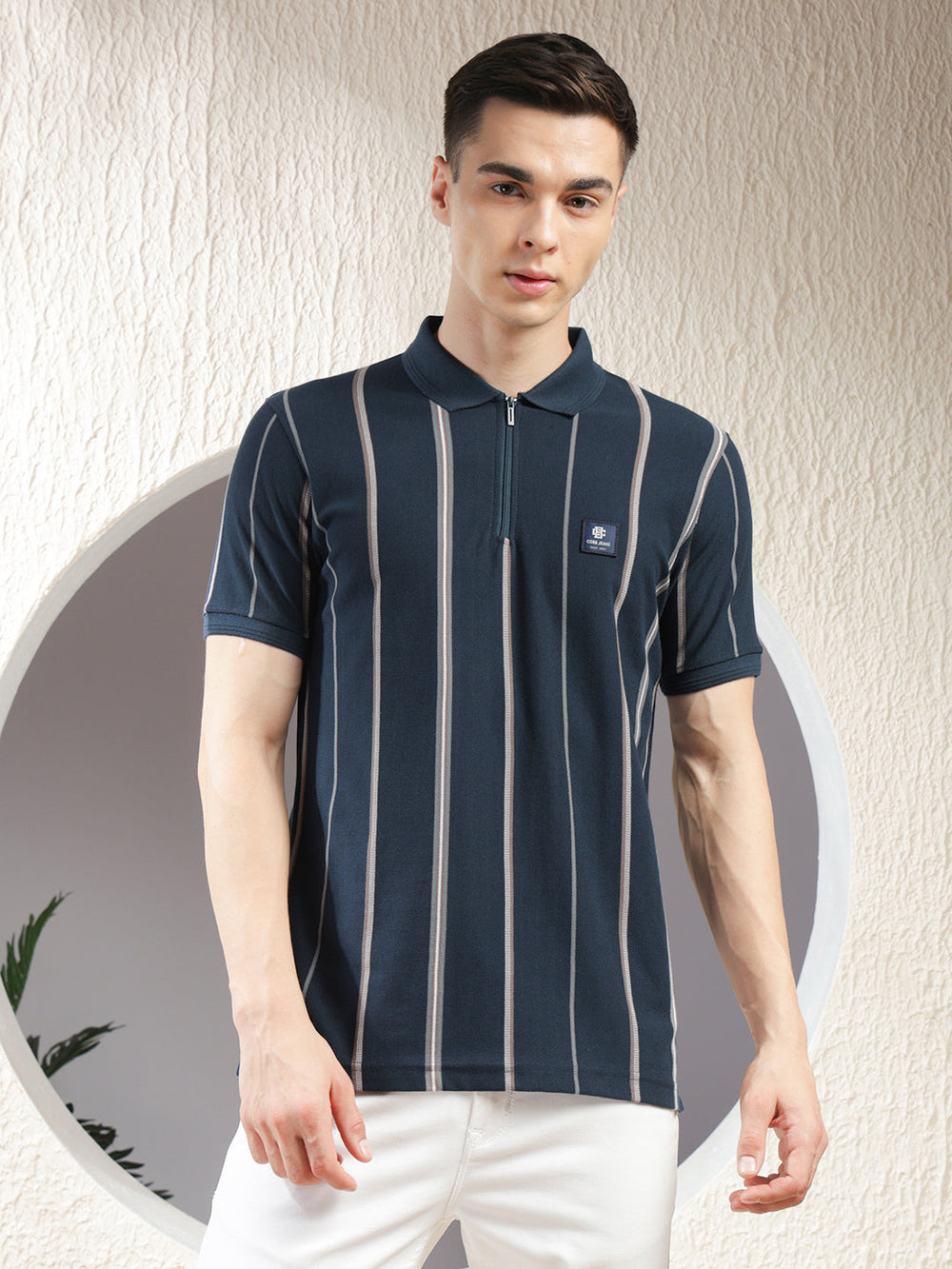 cobb teal blue striped polo neck zipper t-shirt