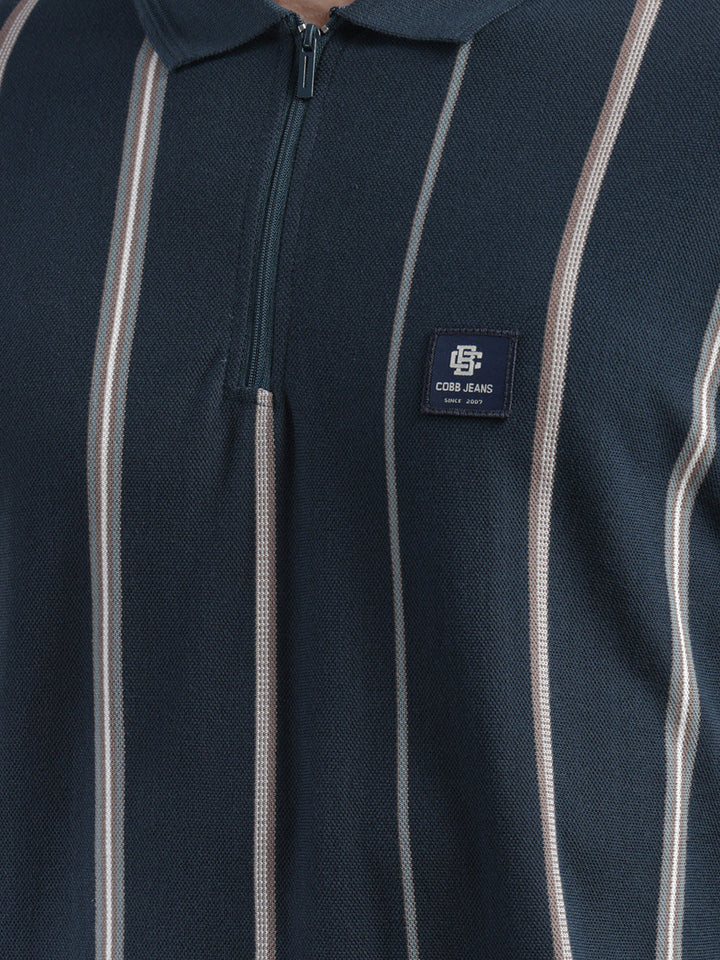 cobb teal blue striped polo neck zipper t-shirt