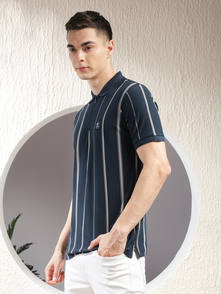 COBB TEAL BLUE STRIPED POLO NECK ZIPPER T-SHIRT