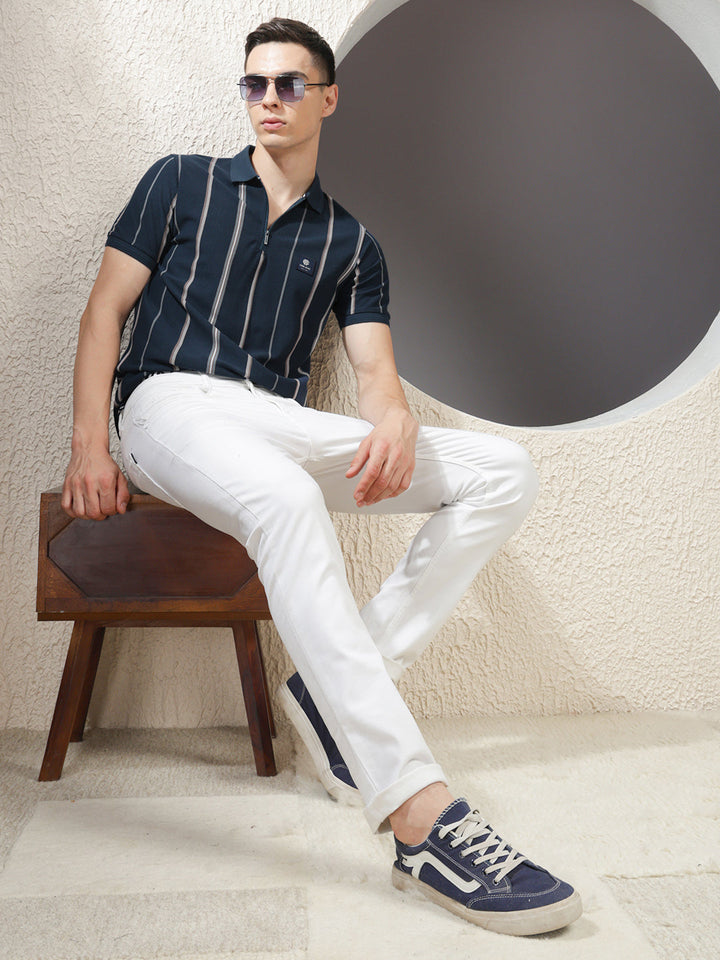 COBB TEAL BLUE STRIPED POLO NECK ZIPPER T-SHIRT