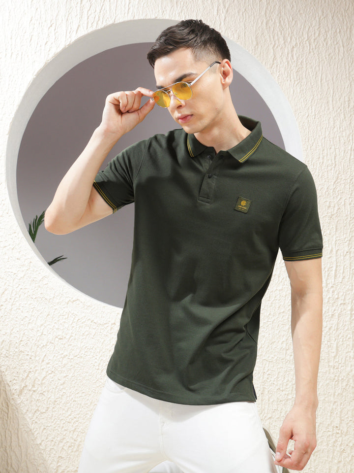 cobb solid olive polo neck t-shirt