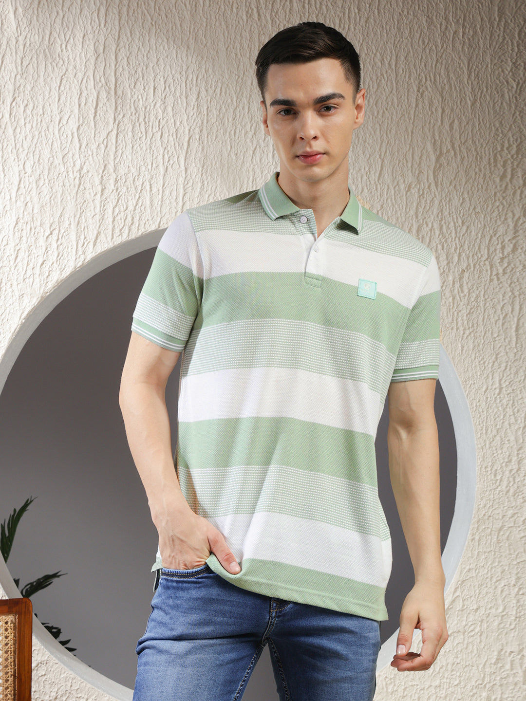 COBB PISTA GREEN COLOR-BLOCK POLO NECK T-SHIRT