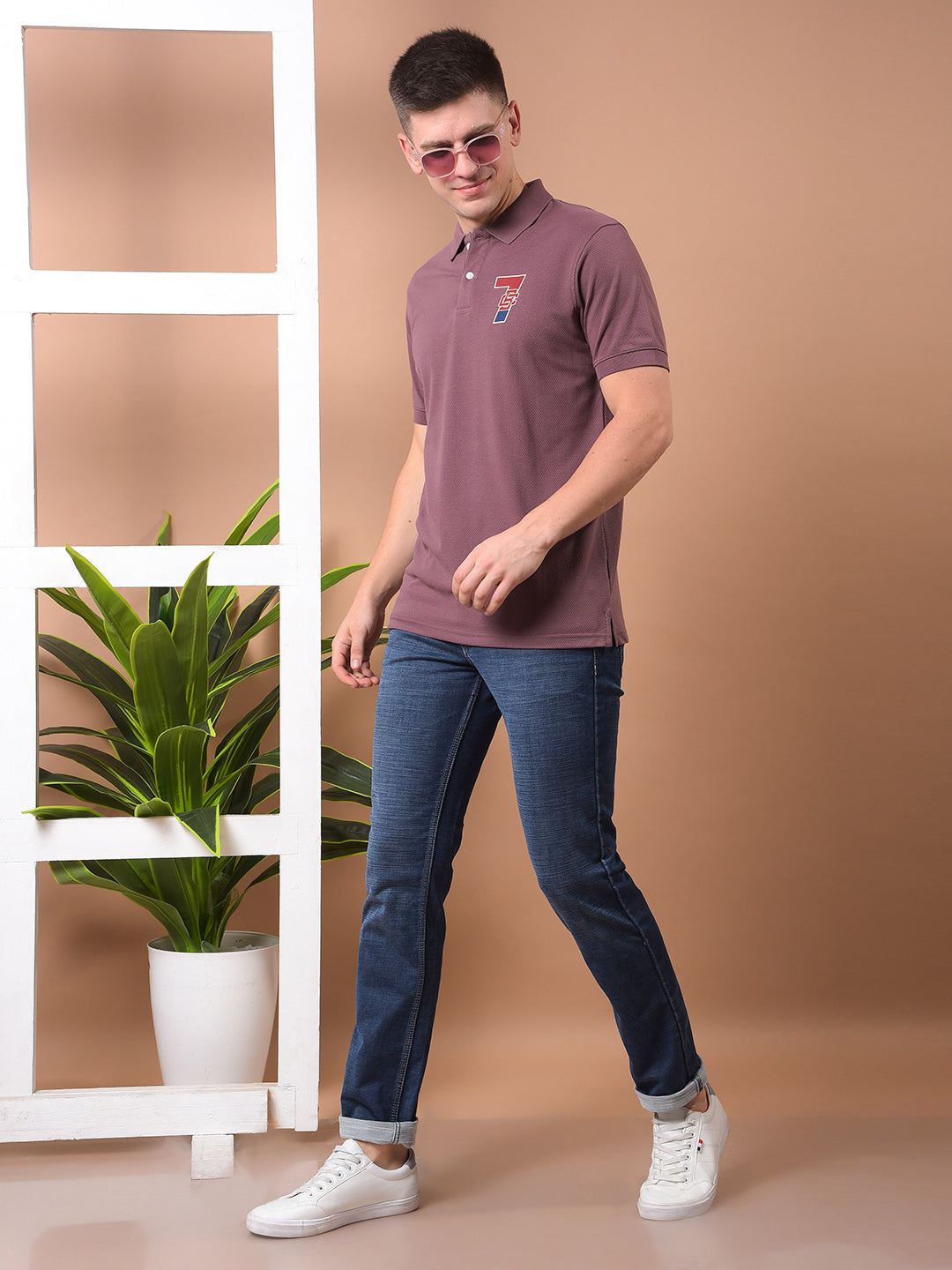 COBB OLD MAUVE PRINTED POLO NECK T-SHIRT