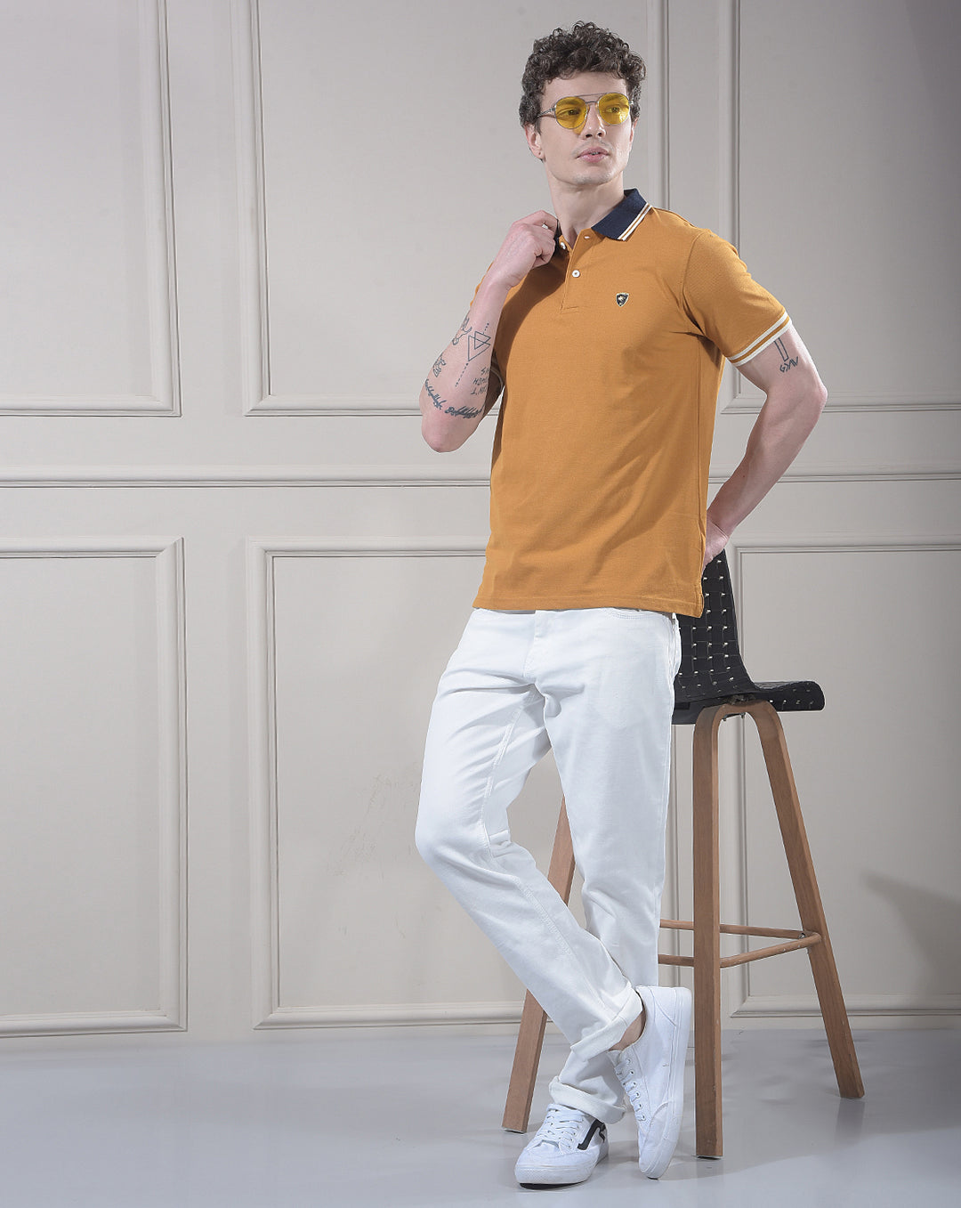 COBB MUSTARD SOLID POLO NECK T-SHIRT