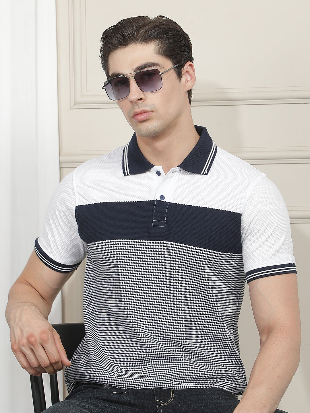 navy blue color-block polo t-shirt