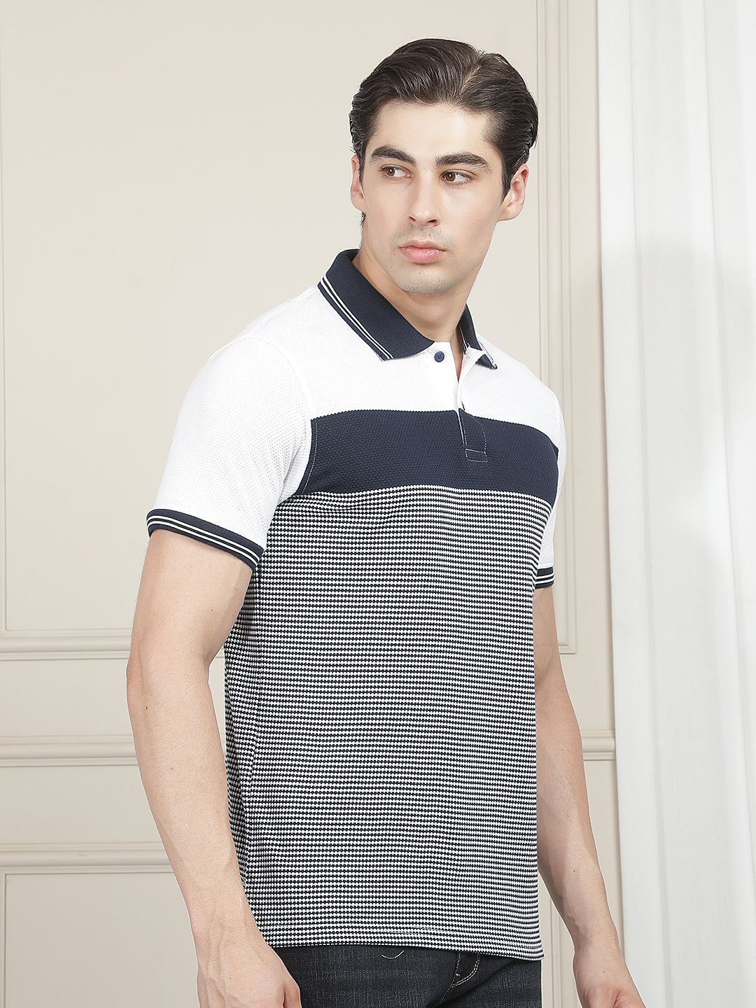 NAVY BLUE COLOR-BLOCK POLO T-SHIRT