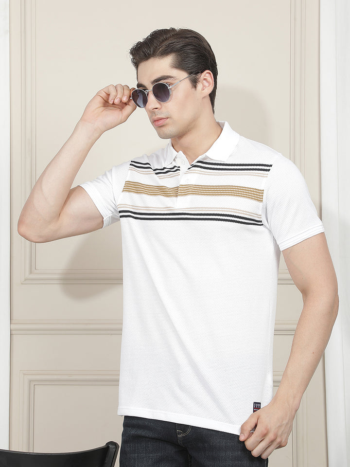 WHITE STRIPED POLO T-SHIRT