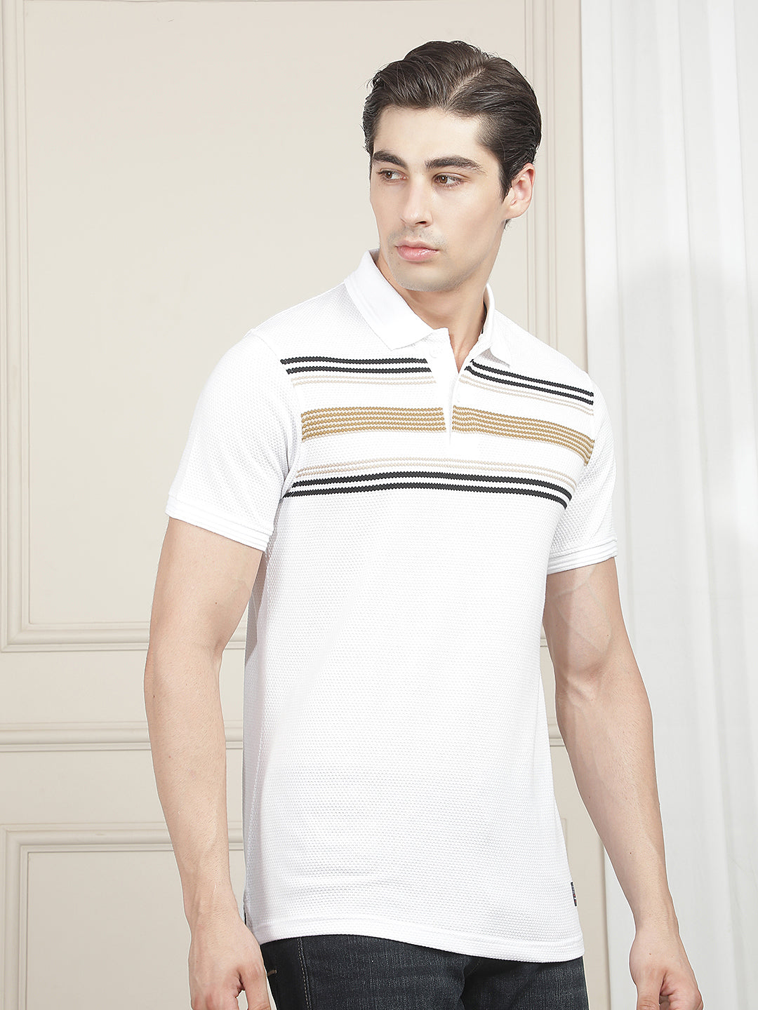 WHITE STRIPED POLO T-SHIRT