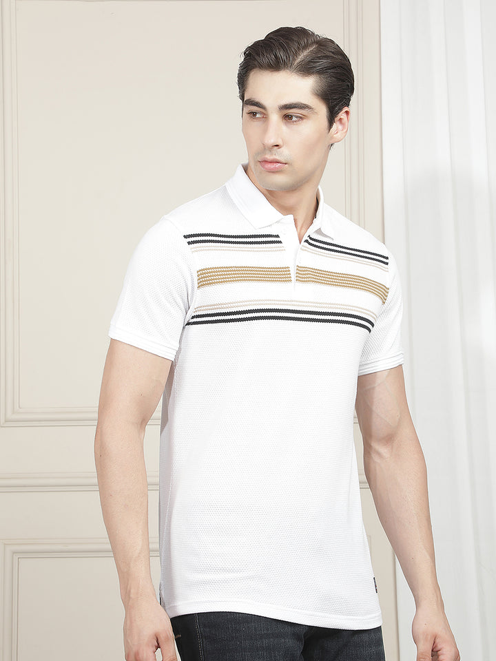 WHITE STRIPED POLO T-SHIRT