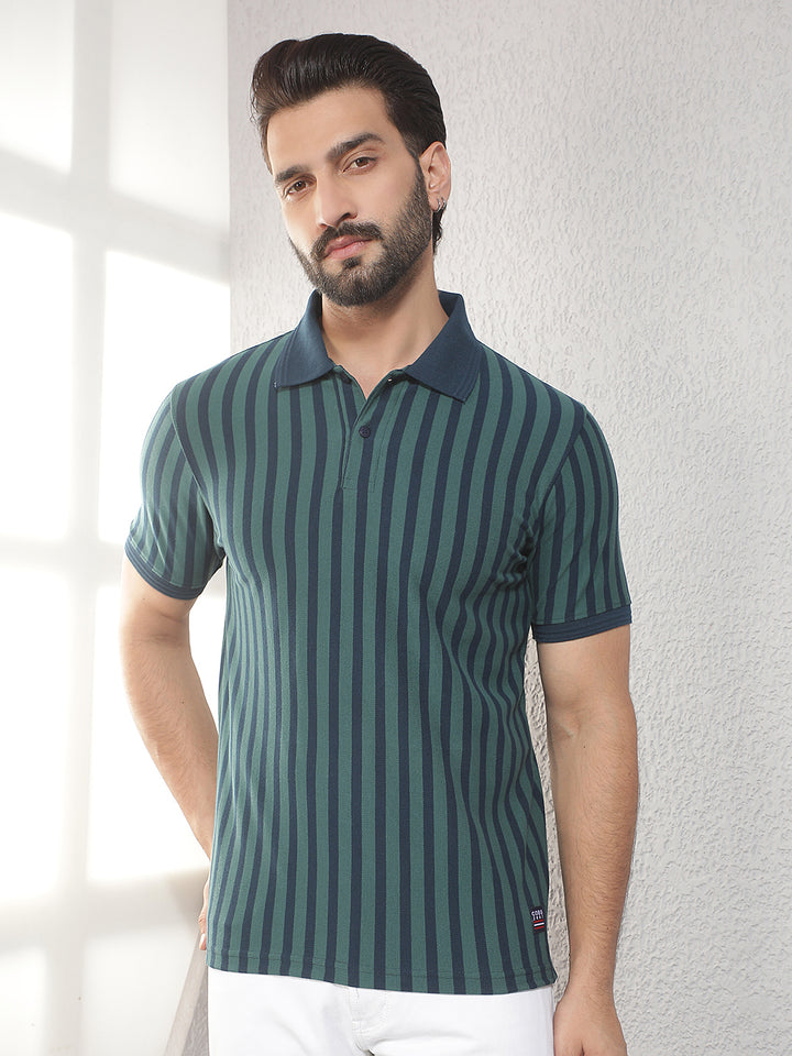 cobb bottle green striped polo neck t-shirt