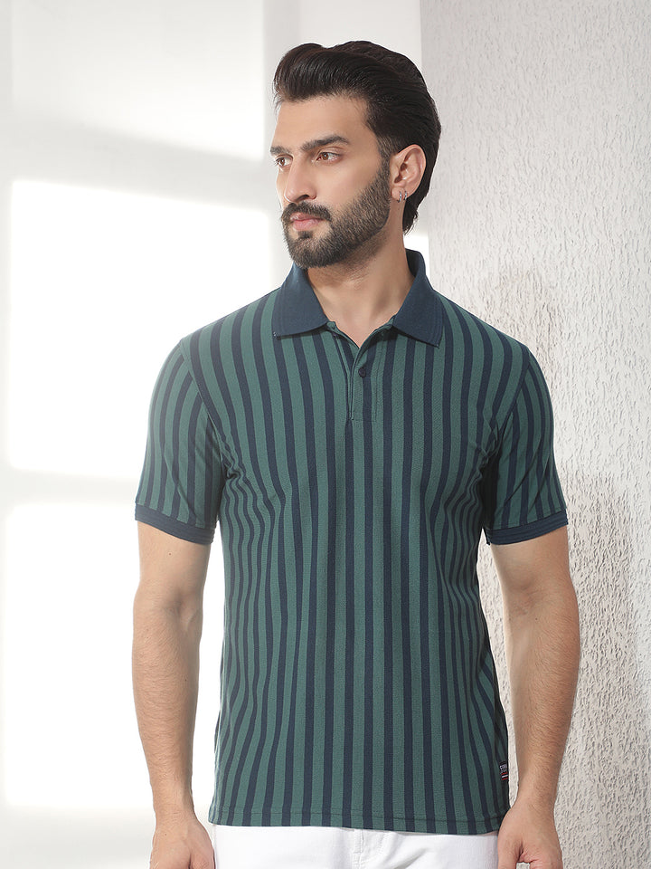 cobb bottle green striped polo neck t-shirt