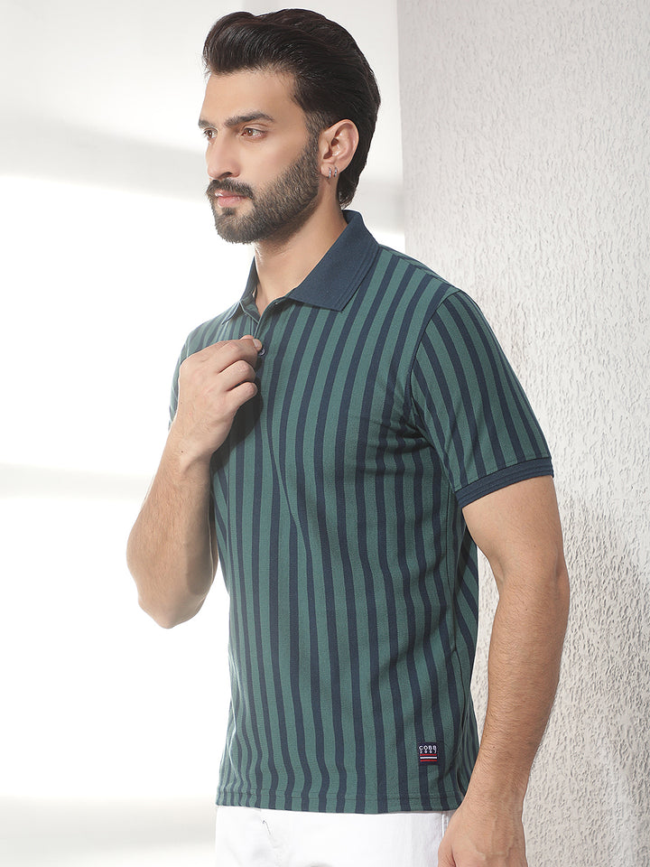 cobb bottle green striped polo neck t-shirt