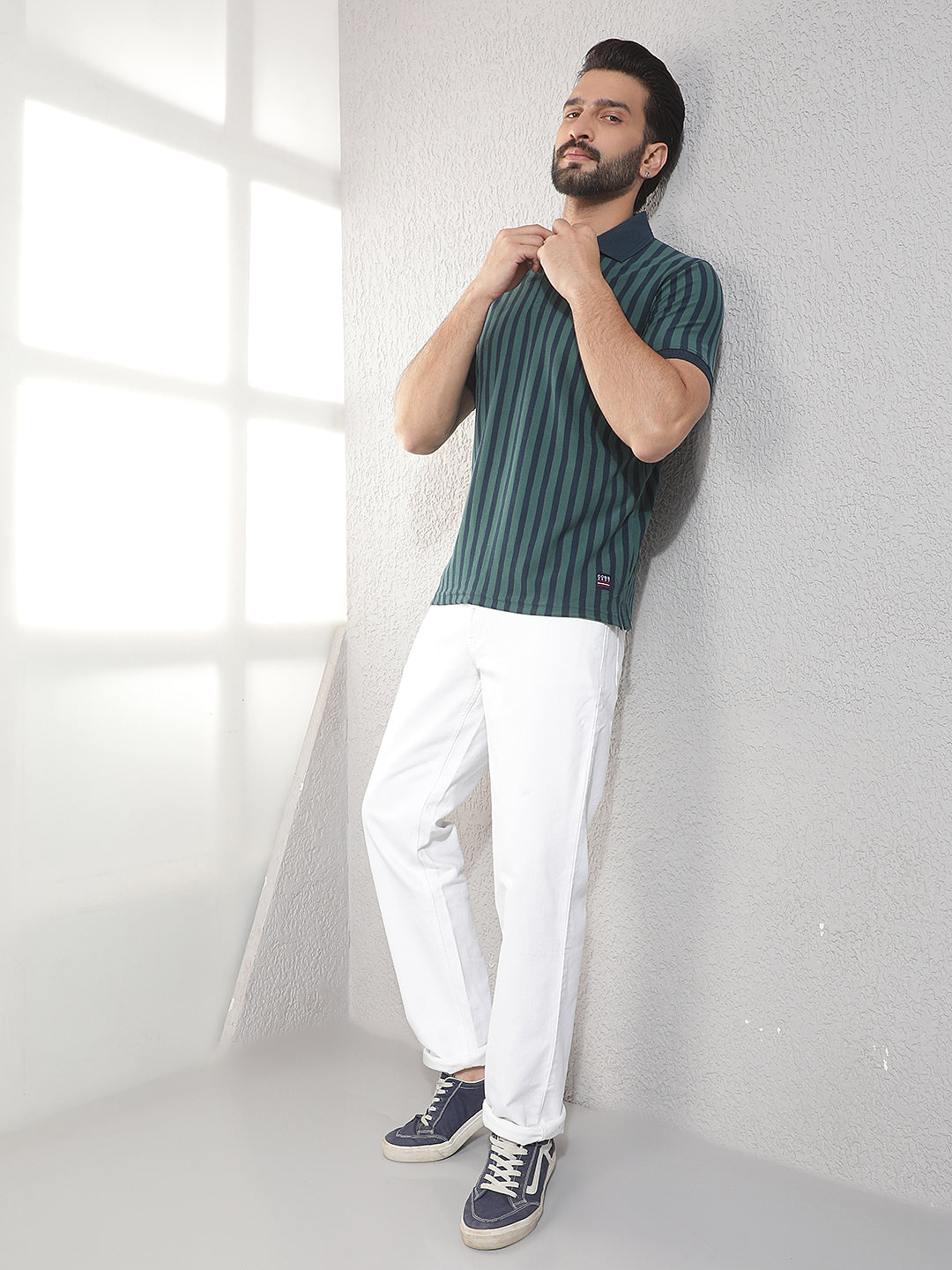 COBB BOTTLE GREEN STRIPED POLO NECK T-SHIRT