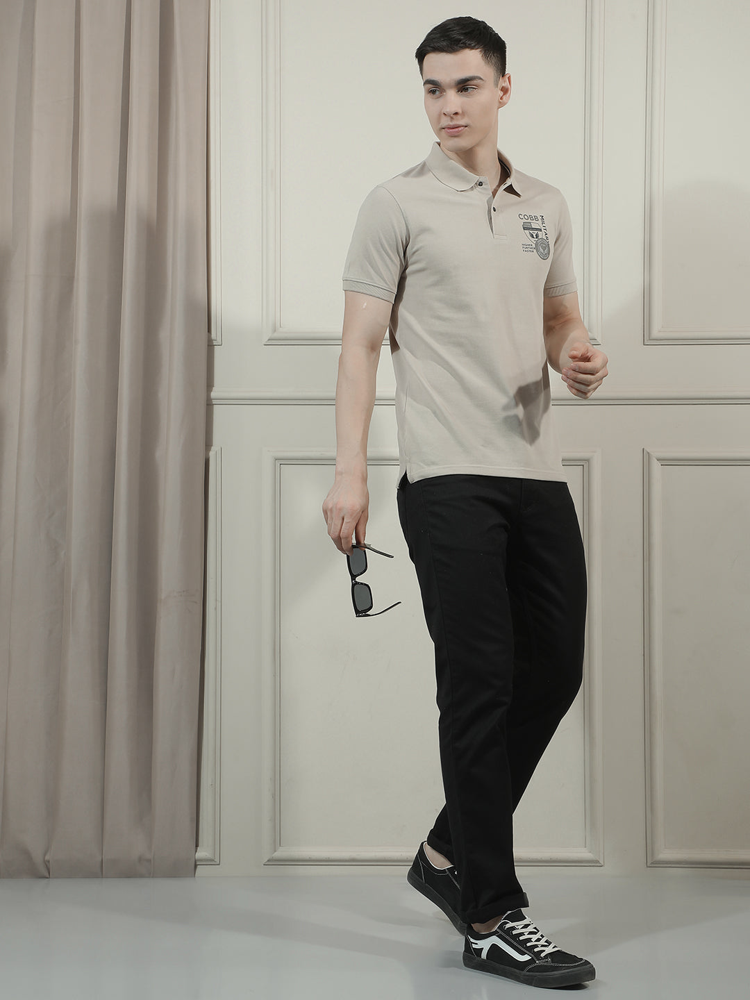 COBB BEIGE PRINTED POLO NECK T-SHIRT