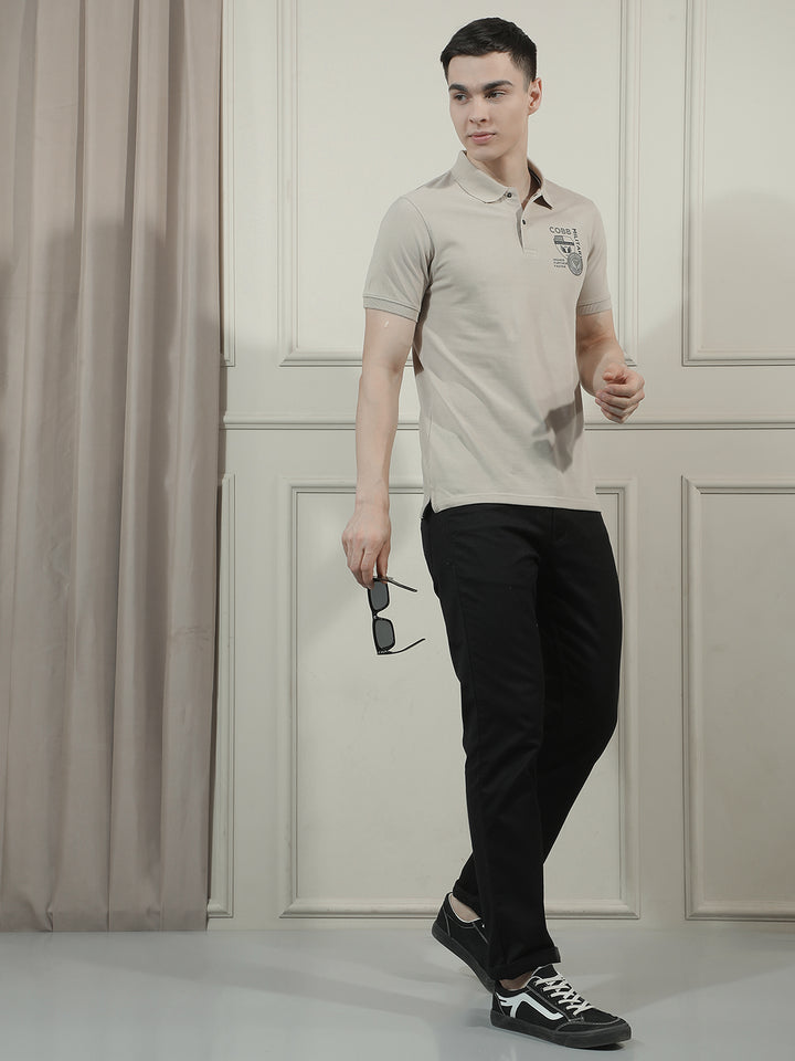 COBB BEIGE PRINTED POLO NECK T-SHIRT