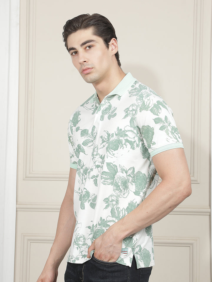 WHITE PRINTED POLO T-SHIRT