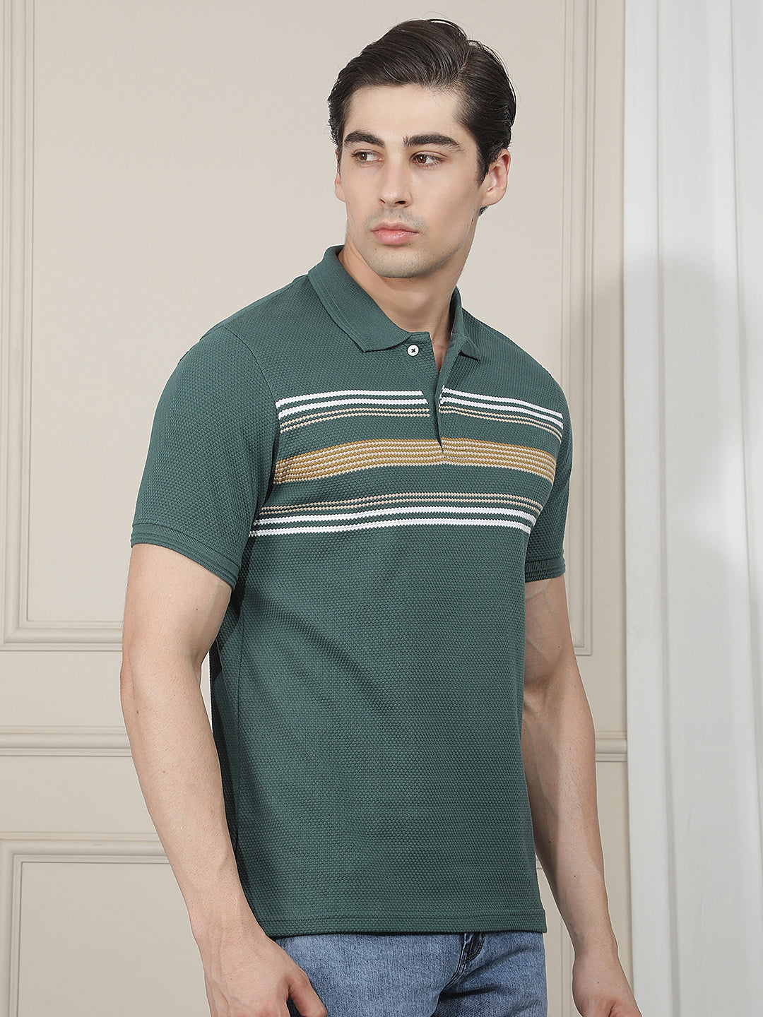 GREEN STRIPED POLO T-SHIRT