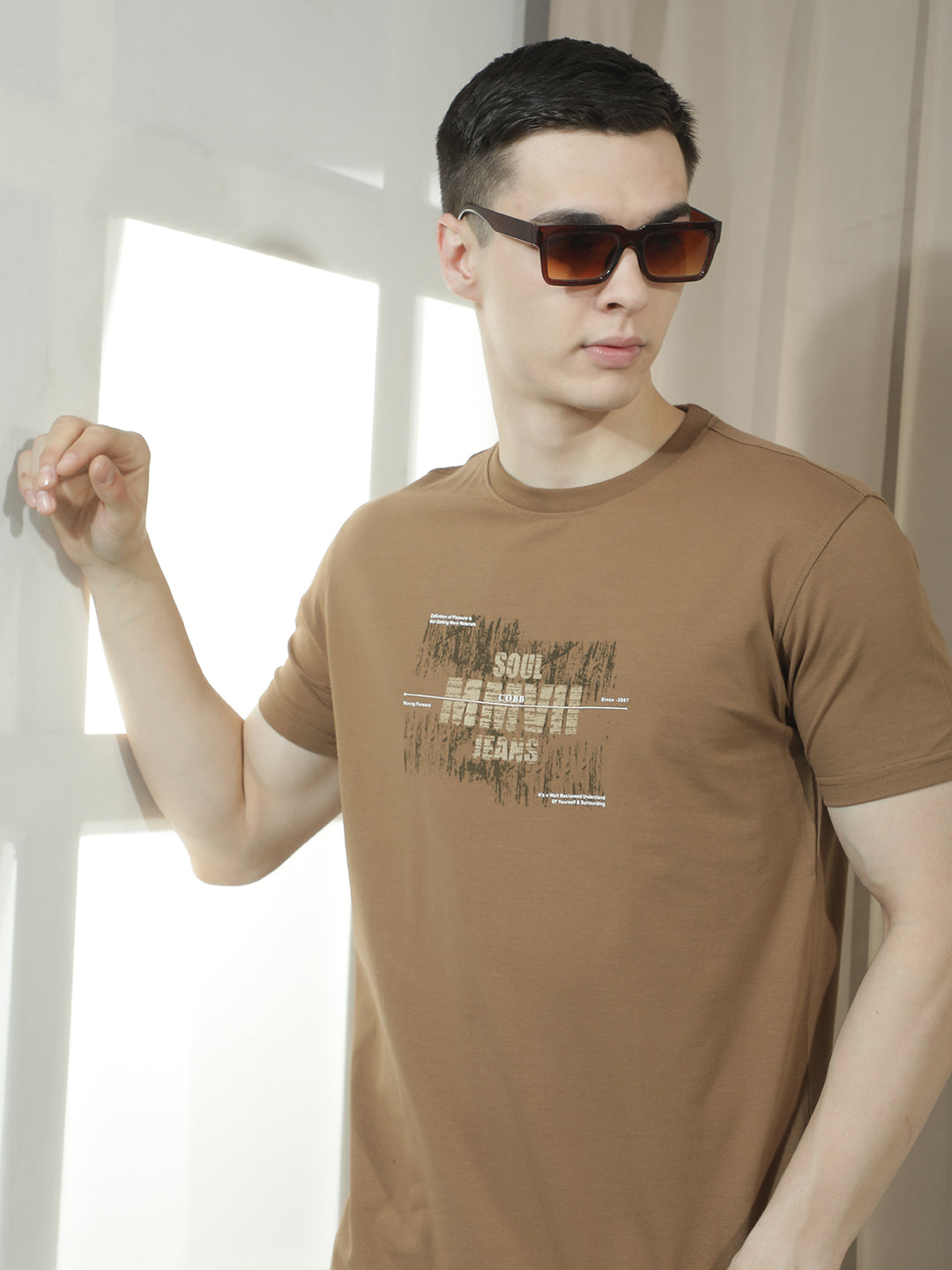 cobb brown printed round neck t-shirt