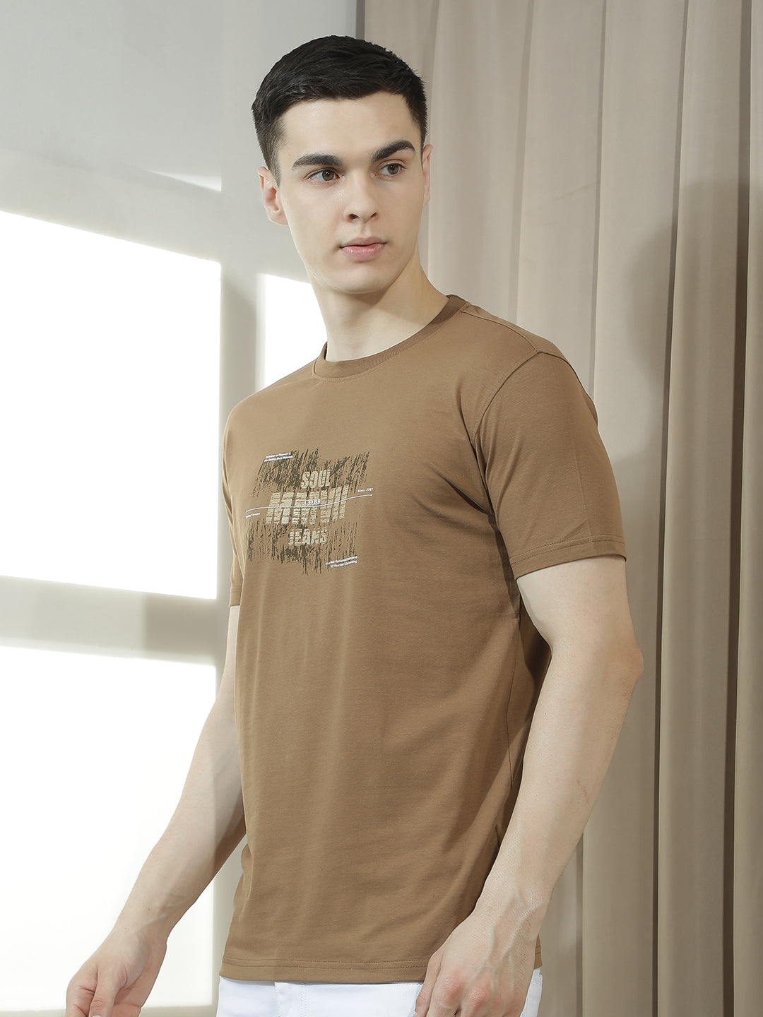 cobb brown printed round neck t-shirt