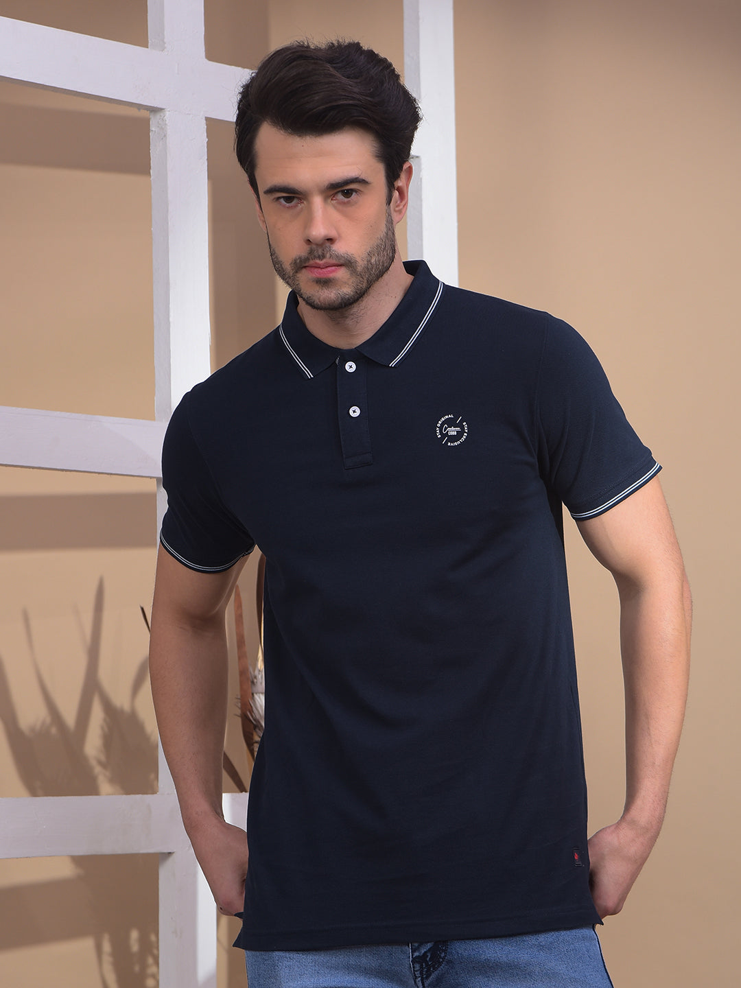 cobb solid navy blue polo neck t-shirt