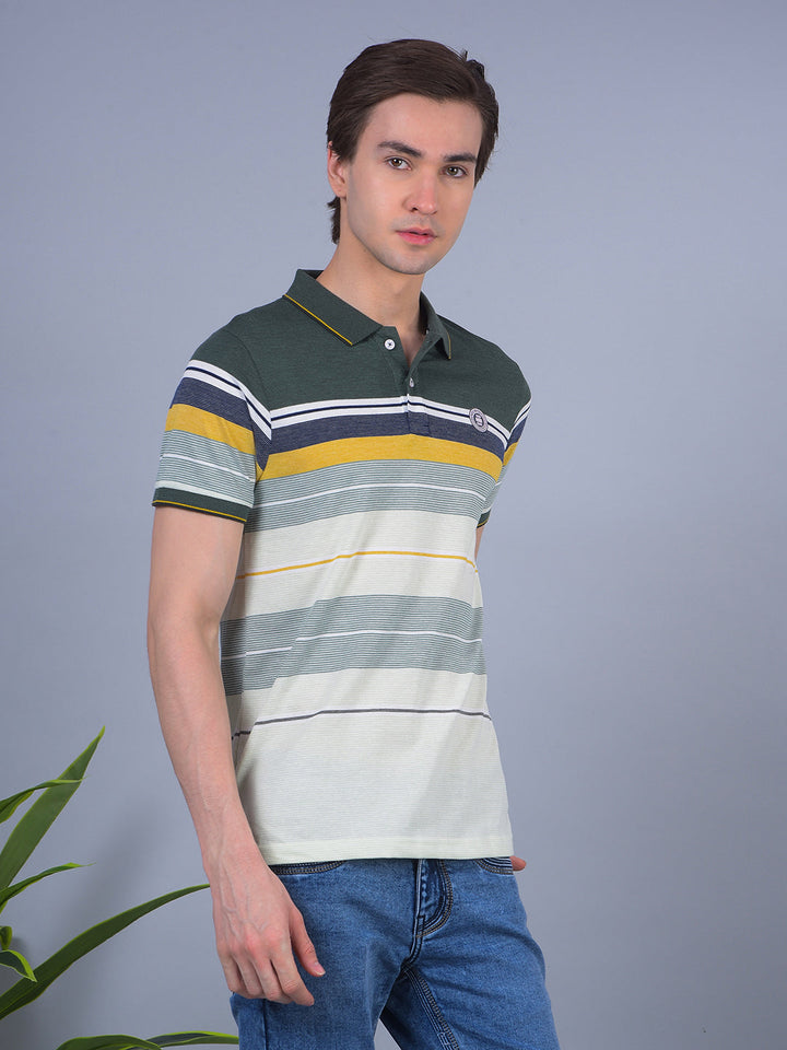 COBB GREEN STRIPED POLO NECK T-SHIRT