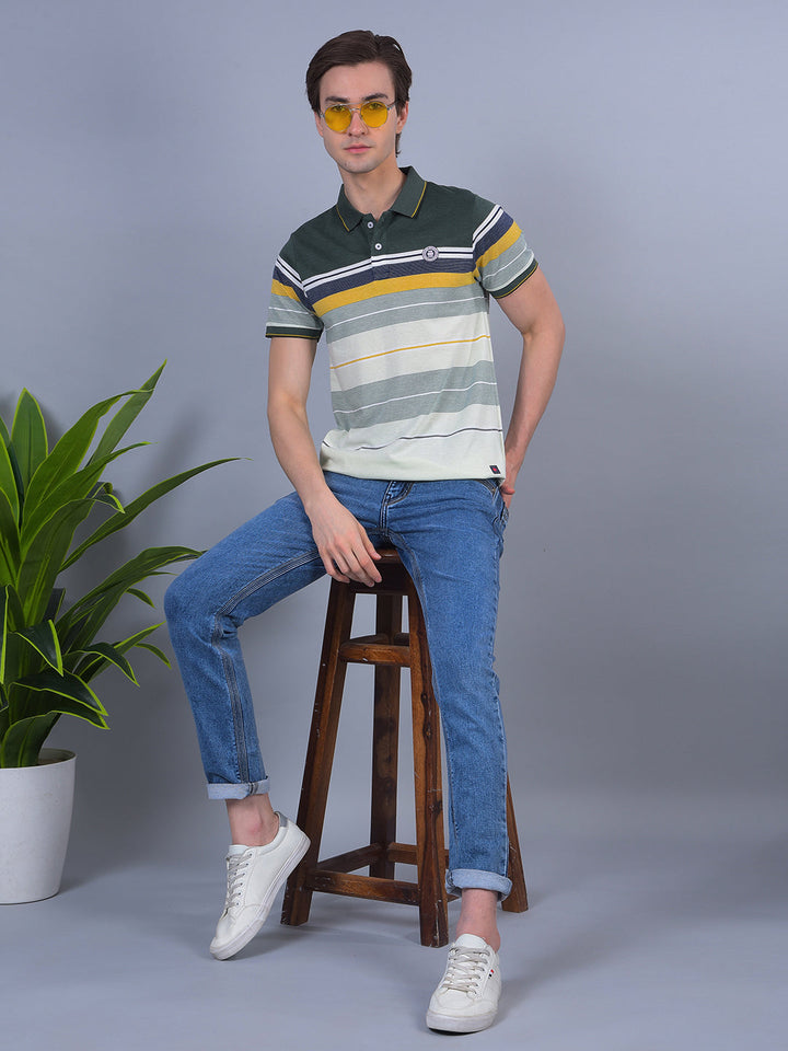 COBB GREEN STRIPED POLO NECK T-SHIRT
