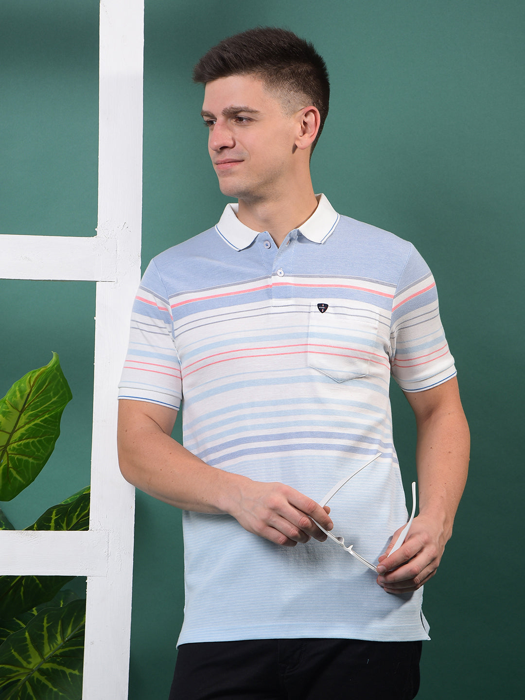 cobb sky blue striped polo neck t-shirt