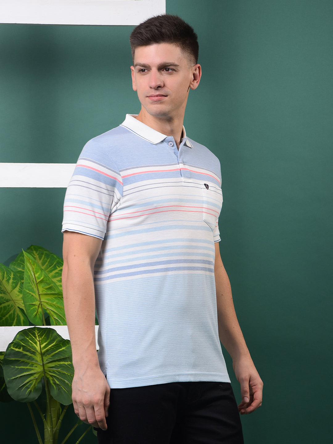 COBB SKY BLUE STRIPED POLO NECK T-SHIRT